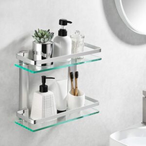 2 Tier Aluminum Bathroom Center Shelf Tempered Glass
