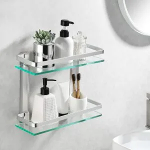 2 Tier Aluminum Bathroom Center Shelf Tempered Glass
