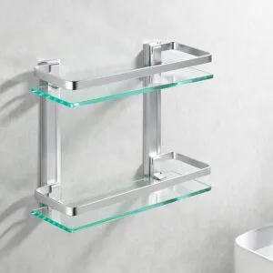 Alternative view of 2 Tier Aluminum Bathroom Center Shelf Tempered Glass