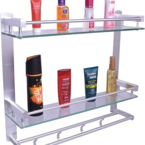 Premium Aluminum Glass Multipurpose 2 Tier Bathroom Shelf with Towel Holder