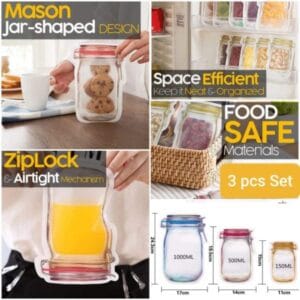 3 Piece Reusable Mason Bottle Shape Ziplock Bag