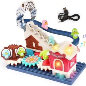 Musical Penguin Electric Gear Race Track Building Blocks Roller Coaster Toys for Toddlers & Kid 3+