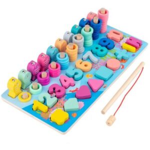 Baby Math Toys Kids Educational Wooden Toys 5 in 1 Fishing Count Numbers Matching Digital Shape Puzzle Toy