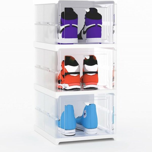 3 Pack Installation-Free Stackable Shoe Boxes Large Capacity, Shoe Organizer With Doors
