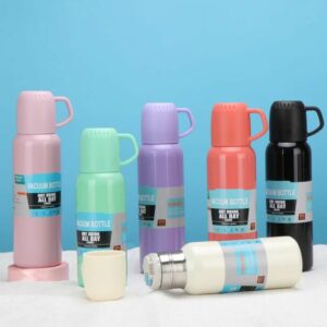 Stainless Steel Insulated Vacuum Flask Water Bottle Gift Set With 3 Cups