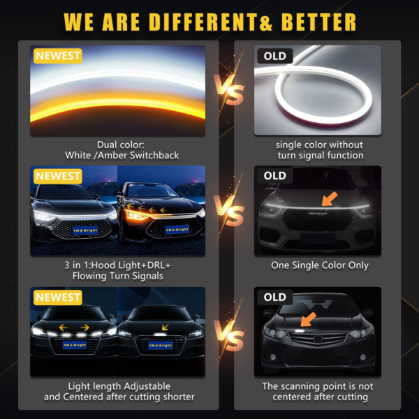 Dynamic White & Amber LED Car Hood Strip Lights – 12V
