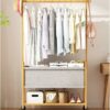 WOODEN COAT RACK STAND WITH FABRIC BASKET