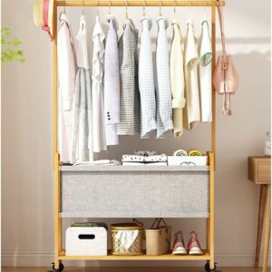 WOODEN COAT RACK STAND WITH FABRIC BASKET