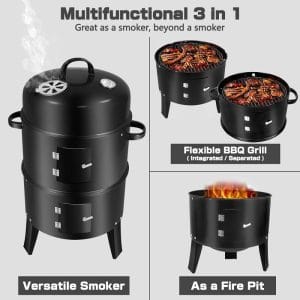 3 In 1 Vertical Charcoal Smoker,16 Inches Separable BBQ Smoker Grill