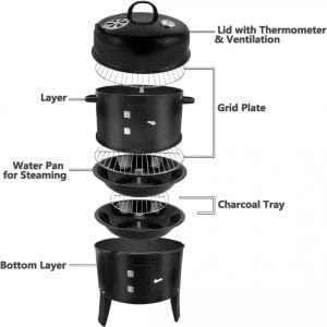 3 In 1 Vertical Charcoal Smoker,16 Inches Separable BBQ Smoker Grill