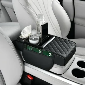 Car Armrest Cushion with Cup Holder and Tissue Box Black