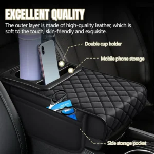 Black Universal Car Armrest Box with Soft Cushion, Storage & Cup Holder
