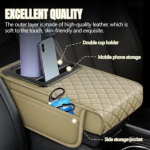 Beige Universal Car Armrest Box with Soft Cushion, Storage & Cup Holder