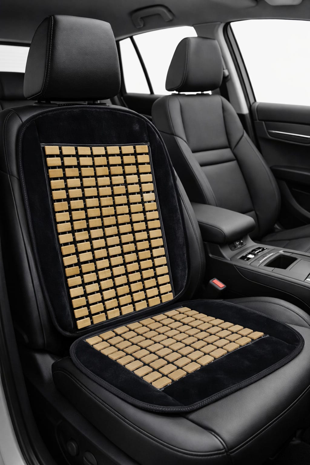 Plush Velvet Flat Massage Wooden Bead Car Seat Cover – Black – 2pcs - Image 2