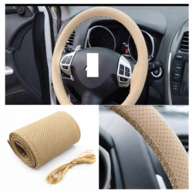 Beige Leather Car Steering Wheel Cover | Hand-Sewn Breathable Grip