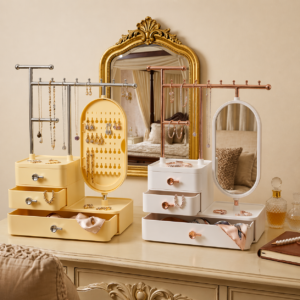 Alternative view of Tiered Tower Jewelry Holder with 360 Rotating Mirror & 3 Layer Drawer (Size 25x15x37 cm) Beige and White
