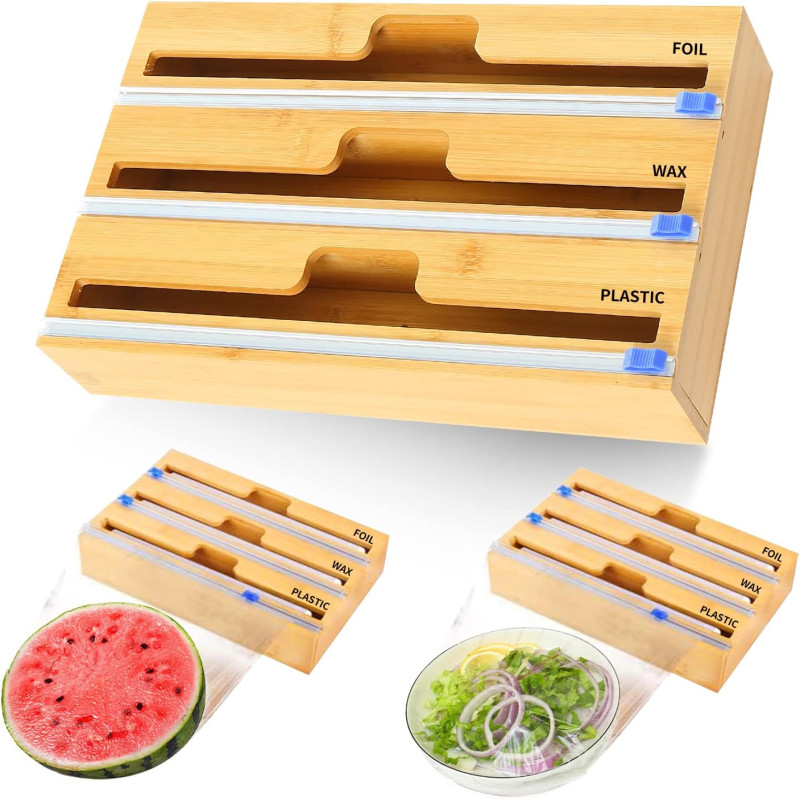 3-in-1 bamboo wooden paper dispenser for kitchen countertop organization