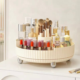 360 degree rotating luxury cosmetic organizer tray with partitioned compartments