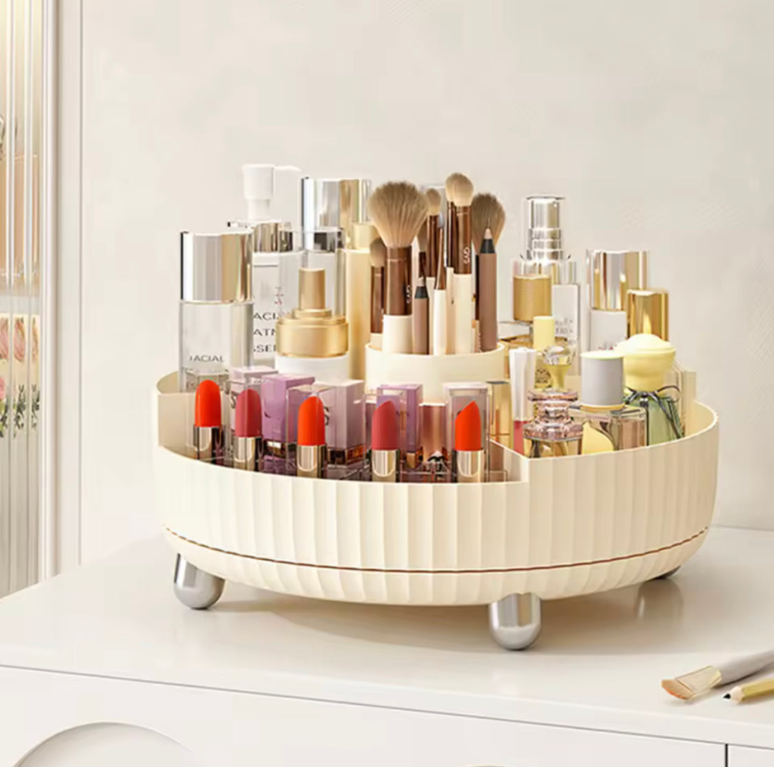 360 degree rotating luxury cosmetic organizer tray with partitioned compartments