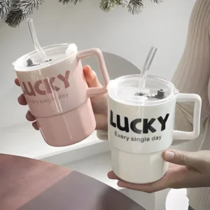 380ml Lucky Cup with Lid and Straw Reusable Glass Drinking Cup