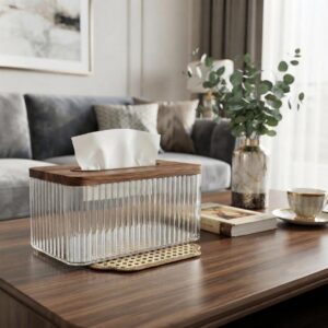 Luxury Fluted Glass Tissue Box with Wooden Lid