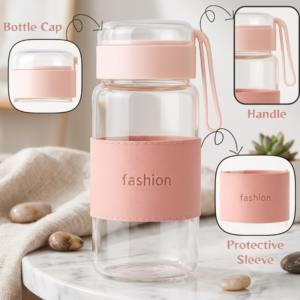 400ml Borosilicate Glass Water Bottle with Protective Sleeve and Carry Strap