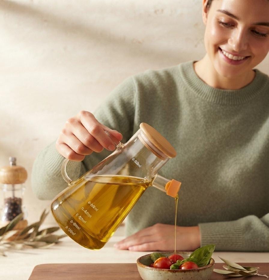 Premium Glass Oil Dispenser Bottle with Wooden Lid - 1000ML - Image 3