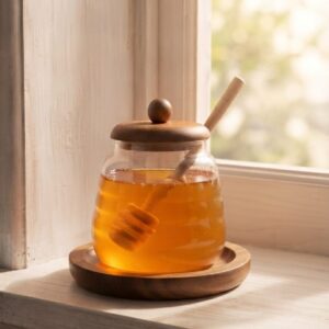 Premium Glass Honey Jar with Wooden Lid & Honey Dipper