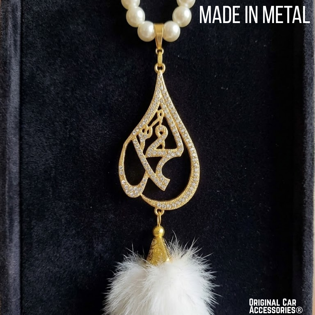 Islamic Car Mirror Pendant – Pearl & Diamond Style Hanging Car Decor with Fur Tail - Image 3
