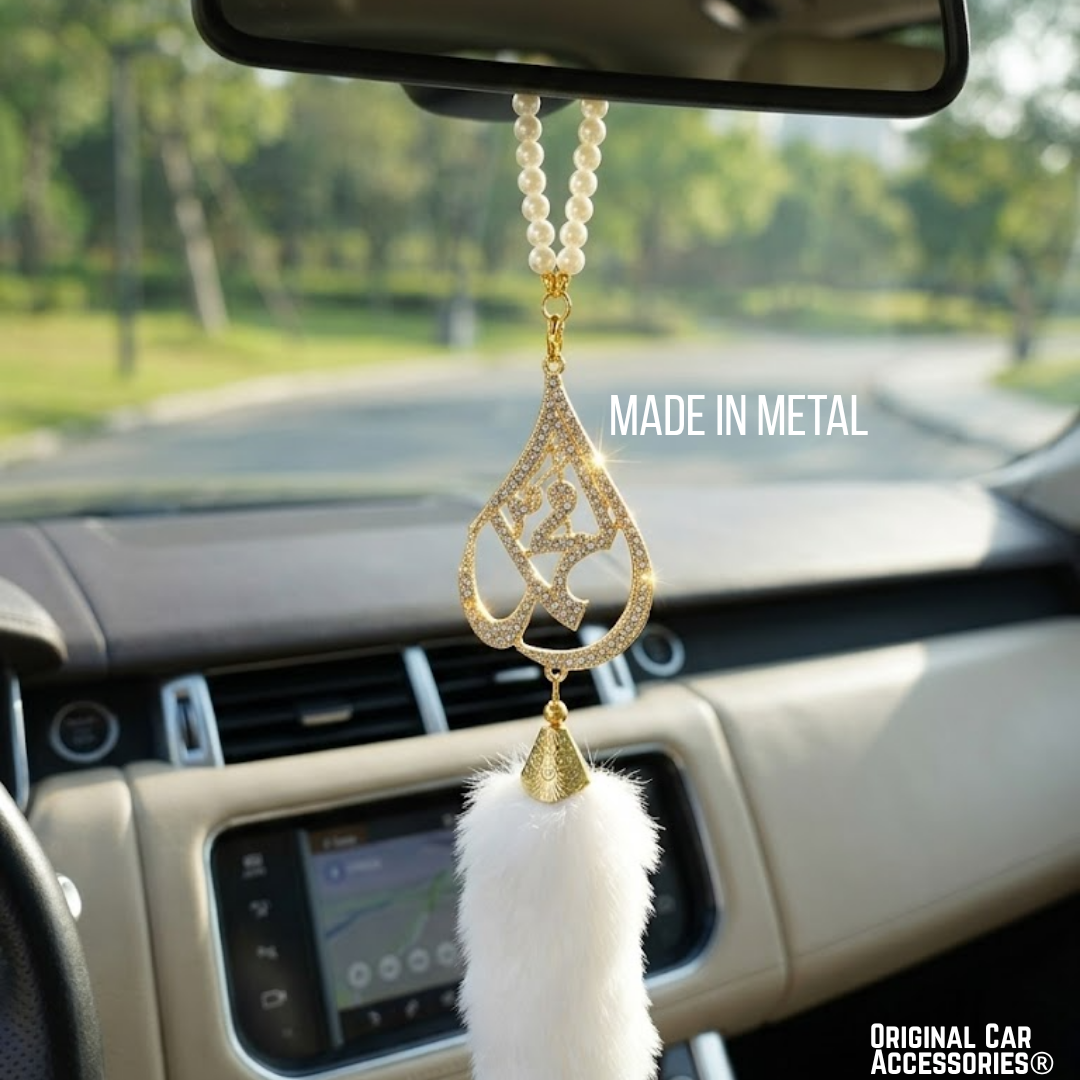 Islamic Car Mirror Pendant – Pearl & Diamond Style Hanging Car Decor with Fur Tail - Image 2