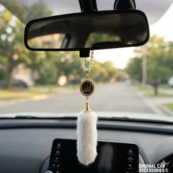 Islamic Car Mirror Pendant – Pearl & Diamond Style Hanging Car Decor with Fur Tail - Image 2