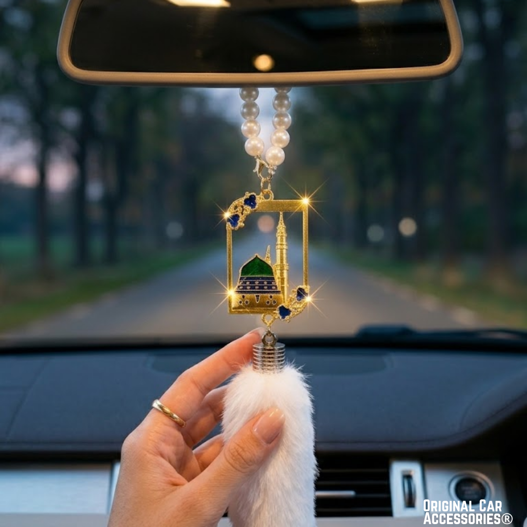 Madinah Islamic Car Mirror Pendant – Pearl & Diamond Style Hanging Car Decor - Image 2