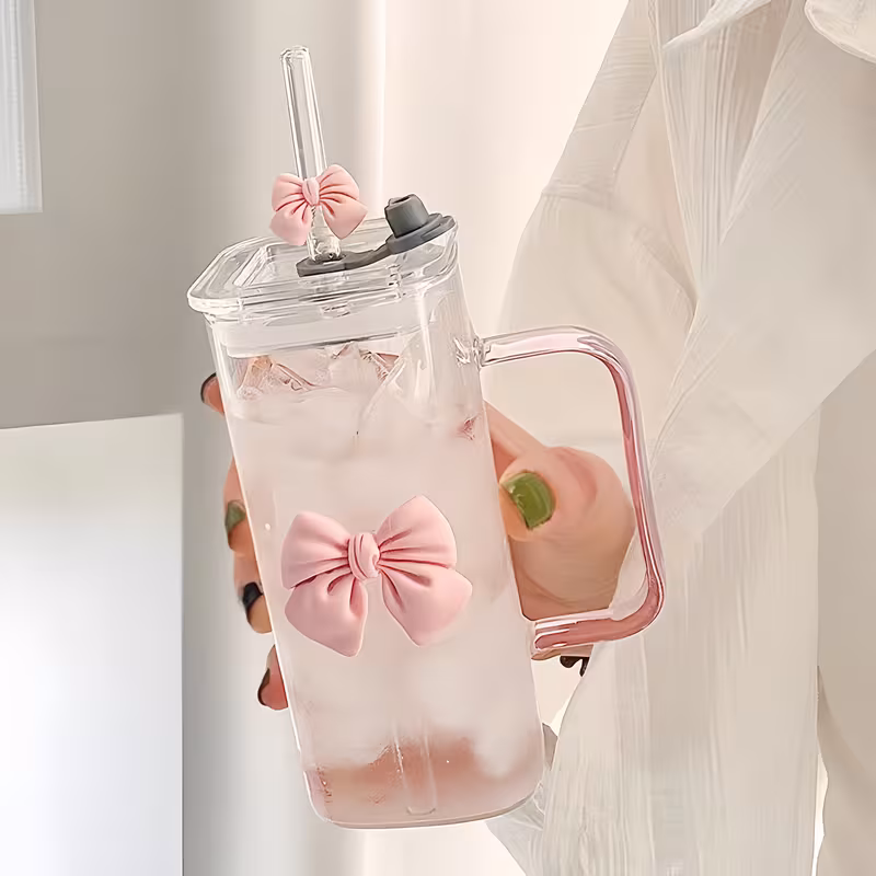 Bow Design Glass Tumbler with Bamboo Lid and Reusable Straw - Image 3