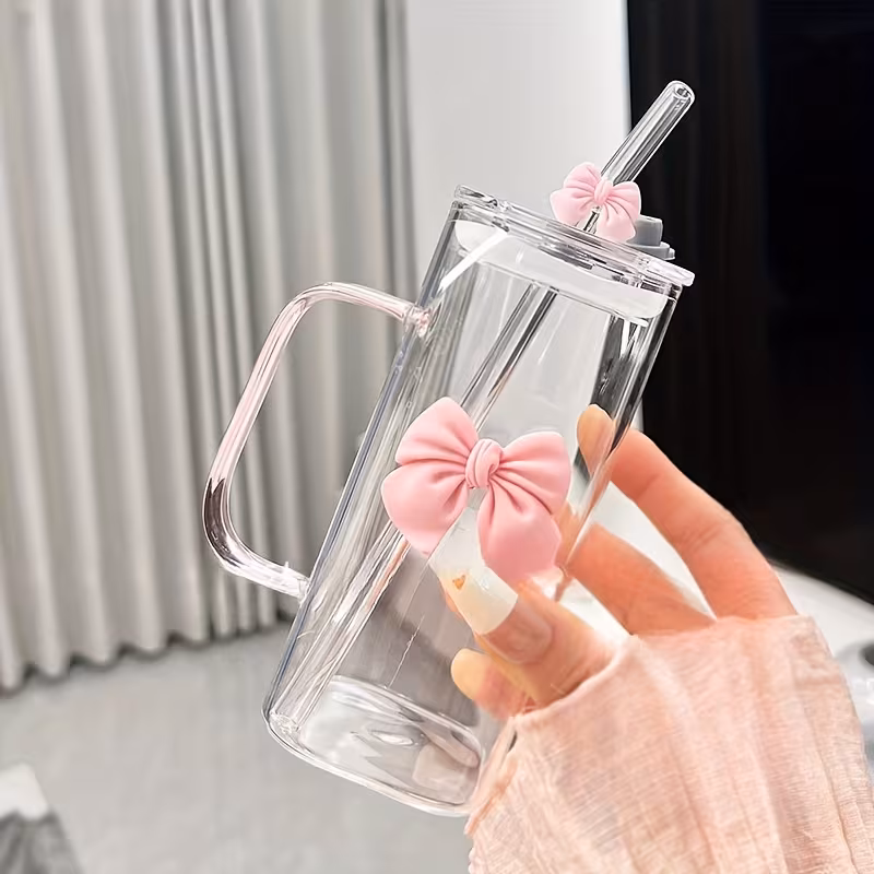 Bow Design Glass Tumbler with Bamboo Lid and Reusable Straw - Image 4