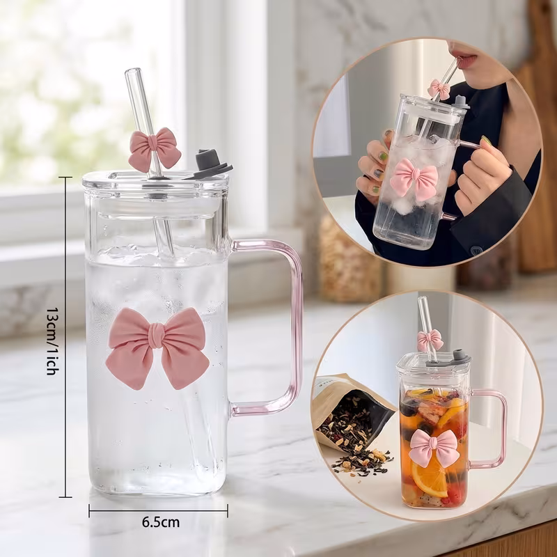 Bow Design Glass Tumbler with Bamboo Lid and Reusable Straw - Image 5