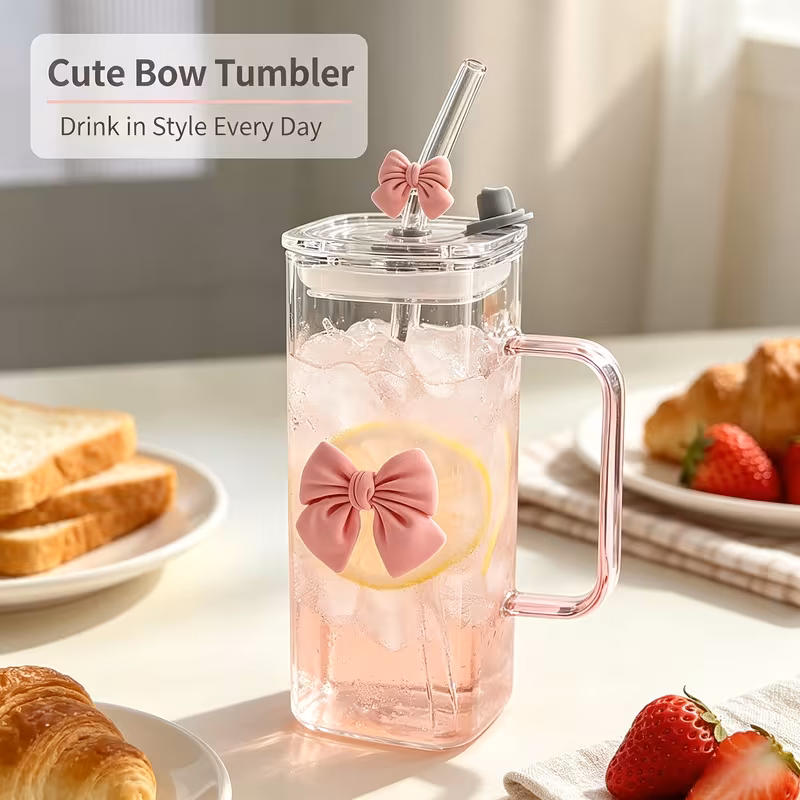 Bow Design Glass Tumbler with Bamboo Lid and Reusable Straw - Image 6