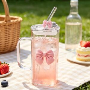 Bow Design Glass Tumbler with Bamboo Lid and Reusable Straw