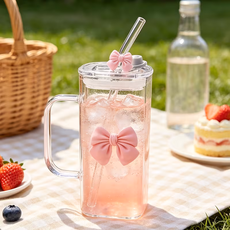 Bow Design Glass Tumbler with Bamboo Lid and Reusable Straw