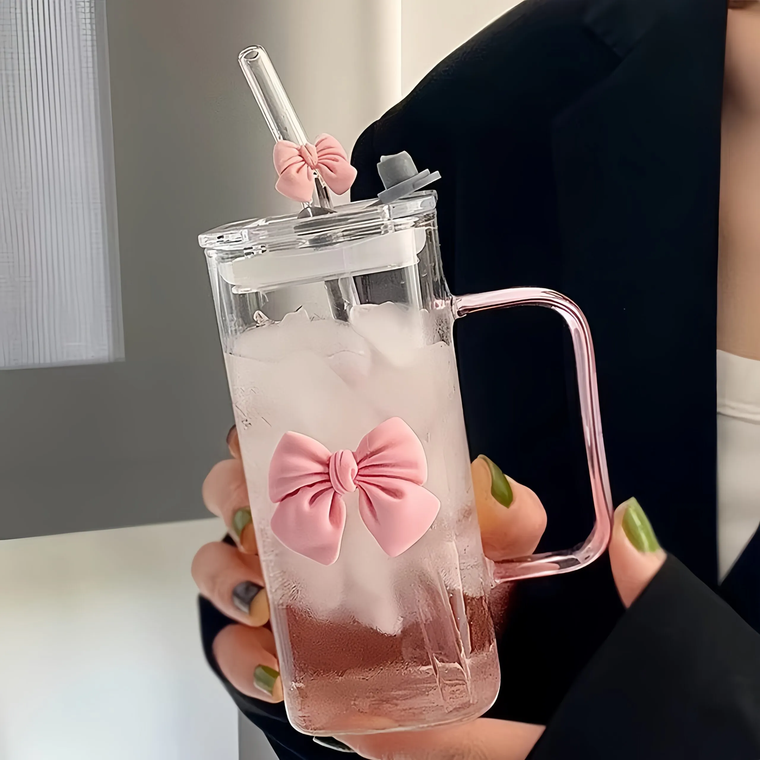 Bow Design Glass Tumbler with Bamboo Lid and Reusable Straw