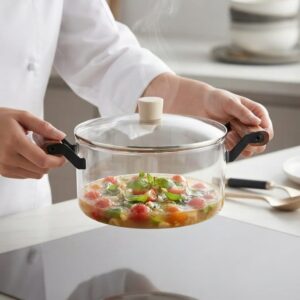 Transparent Borosilicate Glass Cooking Pot with Wooden Handles