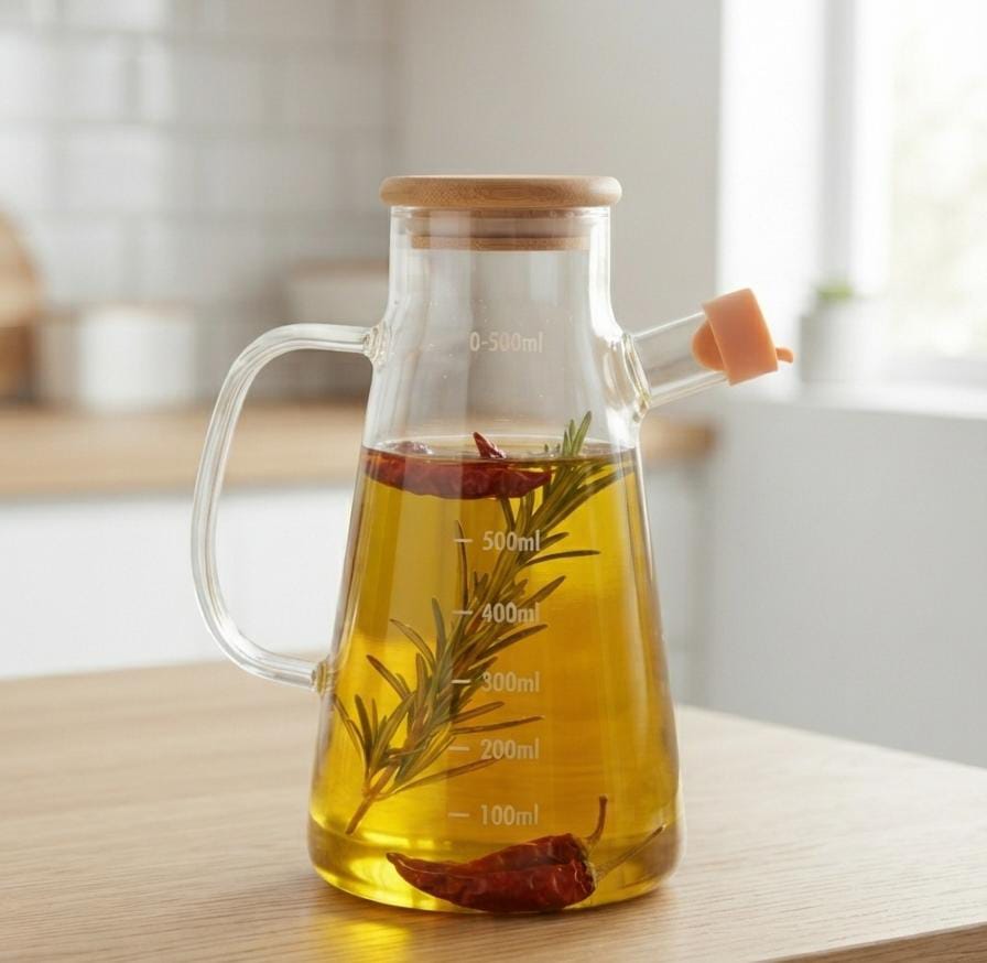 Premium Glass Oil Dispenser Bottle with Wooden Lid - 1000ML - Image 5