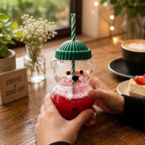 Alternative view of Cute Bear Glass Cup with Lid and Reusable Straw for Drinks & Smoothies