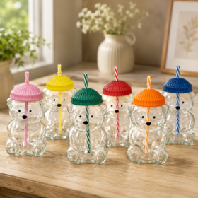 Cute Bear Glass Cup with Lid and Reusable Straw