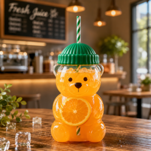 Cute Bear Glass Cup with Lid and Reusable Straw