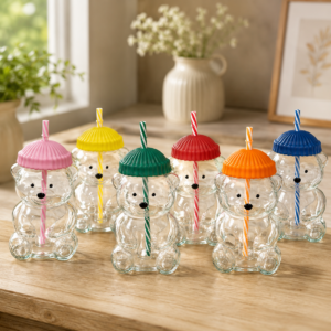 Cute Bear Glass Cup with Lid and Reusable Straw