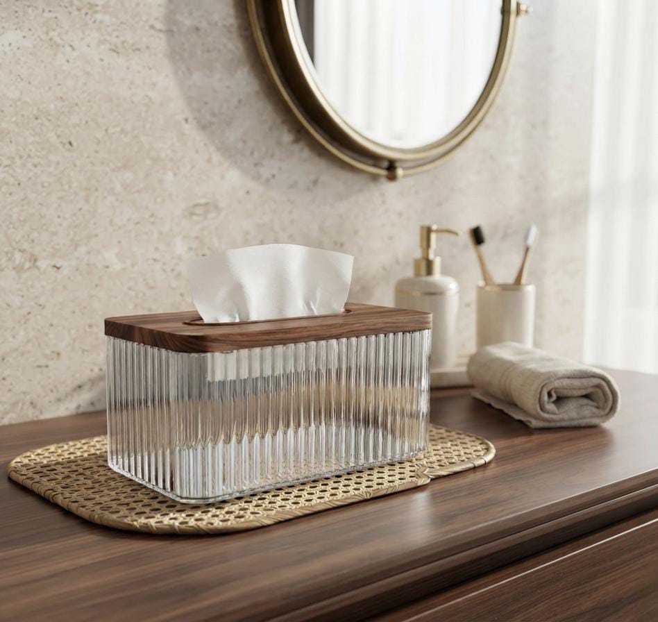 Luxury Fluted Glass Tissue Box with Wooden Lid - Image 2