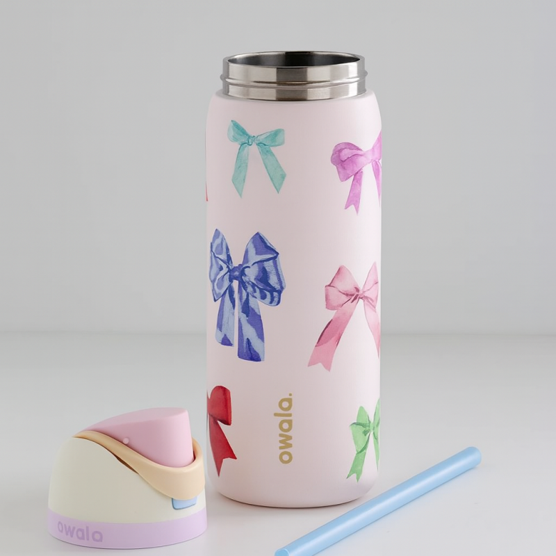 Owala FreeSip Bow 320 oz water bottle with multicolor pink bows