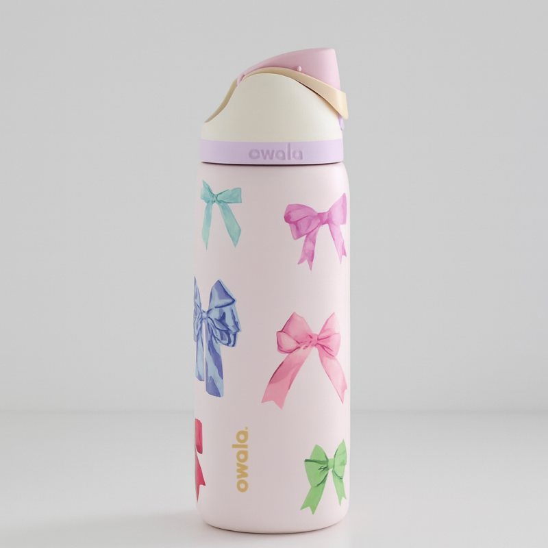 Owala FreeSip Bow 320 oz water bottle with multicolor pink bows