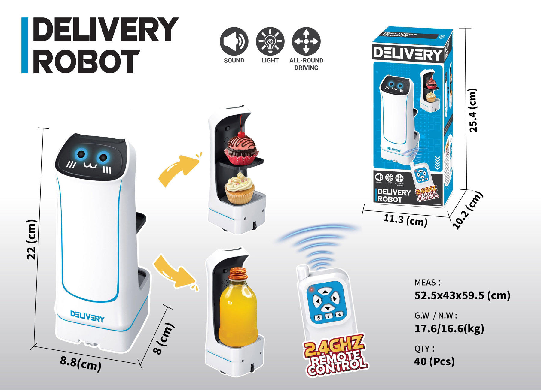 2.4GHz Remote Control Food Delivery Robot with Cute Cat Face, Lights & Sound Effects - Image 2