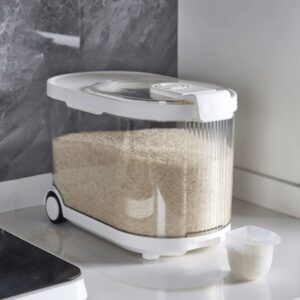 Moisture-resistant rice and grain storage container with wheels, approximately 10kg capacity